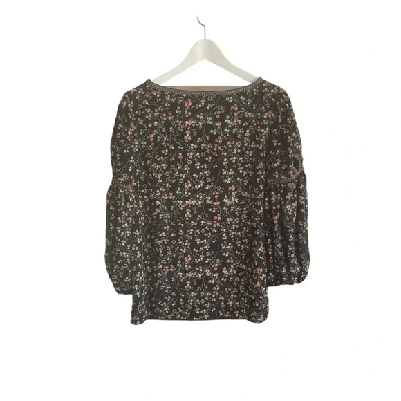 Max Studio Black Floral Print Blouse Size Small Teacher Balloon Sleeve - Picture 3 of 7